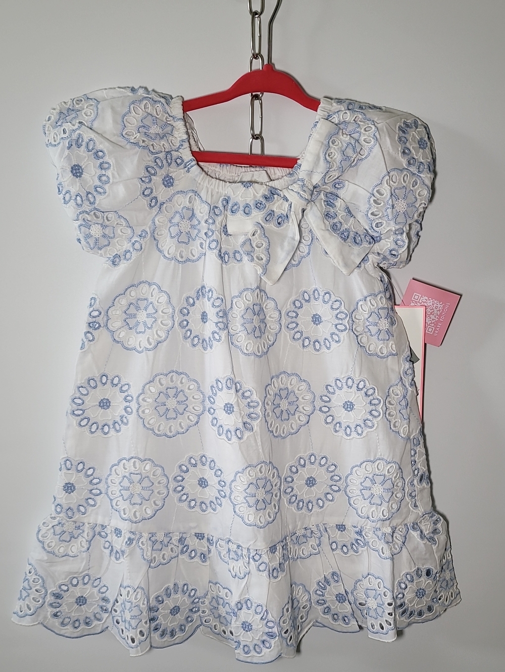 Rare Editions White Eyelet Dress with Light Blue Embroidery